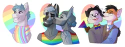 Size: 4909x1845 | Tagged: safe, artist:0naturaldisaster0, derpibooru import, oc, unofficial characters only, anthro, earth pony, fox, pony, anthro with ponies, bust, clothes, gay pride flag, grin, image, kissing, male, png, pride, pride flag, scarf, smiling