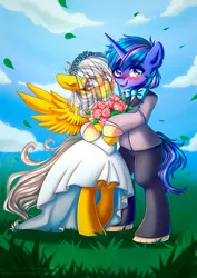 Size: 1052x1488 | Tagged: safe, artist:chaosangeldesu, derpibooru import, oc, oc:lightning faraday, oc:midnight, pegasus, pony, unicorn, blushing, bouquet, bride, clothes, dress, flower, image, jpeg, marriage, veil, wedding, wedding dress