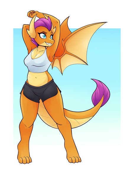 Size: 2700x3600 | Tagged: safe, artist:ambris, derpibooru import, smolder, anthro, digitigrade anthro, dragon, arm behind head, barefoot, belly button, breasts, busty smolder, clothes, dolphin shorts, dragoness, eyebrows, eyelashes, fangs, feet, female, high res, image, jpeg, lizard breasts, midriff, reasonably sized breasts, shorts, smiling, solo, stretching, tanktop, tomboy, wings