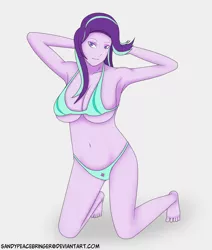 Size: 2466x2914 | Tagged: suggestive, artist:edhendra, artist:sandypeacebringer, derpibooru import, starlight glimmer, equestria girls, arm behind head, belly button, big breasts, bikini, breasts, busty starlight glimmer, cleavage, clothes, female, high res, image, png, pose, simple background, solo, solo female, swimsuit