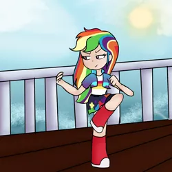 Size: 4000x4000 | Tagged: safe, artist:ginmay, derpibooru import, rainbow dash, human, absurd resolution, clothes, female, humanized, image, martial arts, png, solo, standing, standing on one leg