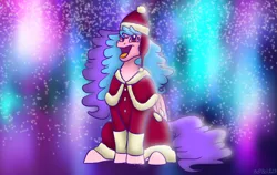 Size: 3613x2289 | Tagged: safe, artist:bellbell123, derpibooru import, oc, oc:bella pinksavage, unofficial characters only, pegasus, pony, christmas, clothes, costume, female, holiday, image, open mouth, pegasus oc, png, santa costume, singing, solo, wings