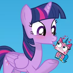Size: 1080x1080 | Tagged: safe, artist:grapefruit-face, derpibooru import, twilight sparkle, twilight sparkle (alicorn), alicorn, cat, pony, unicorn, base used, blowing a kiss, happy, heart, image, lego, looking at each other, looking at someone, png, simple background, underhoof, unikitty, unikitty! (tv series), voice actor joke