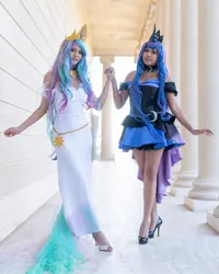 Size: 1080x1350 | Tagged: safe, derpibooru import, princess celestia, princess luna, human, clothes, cosplay, costume, duo, female, high heels, image, irl, irl human, jpeg, photo, royal sisters, shoes, siblings, sisters