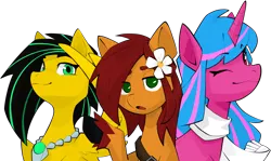 Size: 3757x2235 | Tagged: safe, artist:dar, derpibooru import, oc, oc:echo shade, oc:lightning bug, unofficial characters only, earth pony, pegasus, pony, unicorn, bag, black mane, blue mane, clothes, colored fetlocks, cyan eyes, earth pony oc, female, flower, flower in hair, gem, green eyes, horn, image, jewelry, mare, necklace, pegasus oc, pink eyes, png, red mane, saddle bag, salute, satchel, scarf, simple background, transparent background, unicorn oc, wing salute, wings