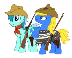 Size: 3591x2903 | Tagged: safe, artist:cosmas-the-explorer, artist:third uncle, derpibooru import, oc, oc:golden horizon, oc:third uncle, unofficial characters only, earth pony, pony, derpibooru community collaboration, 2022 community collab, cowboy hat, derpibooru exclusive, duo, gun, handgun, hat, image, male, png, revolver, simple background, smiling, stallion, transparent background, weapon