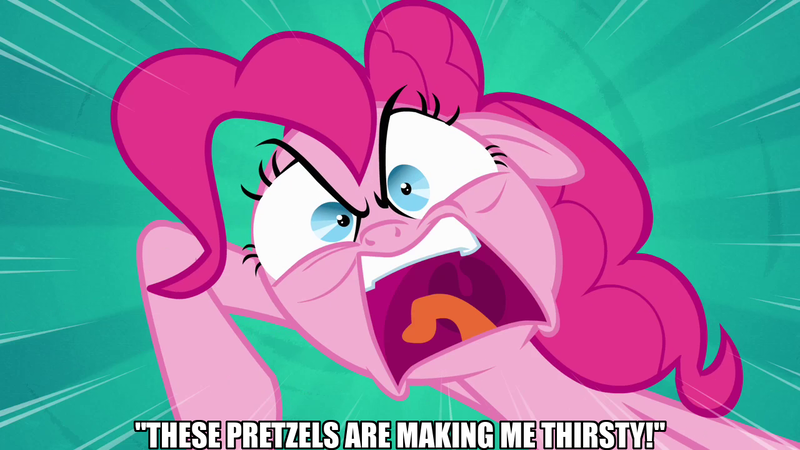 Size: 1280x720 | Tagged: safe, derpibooru import, edit, edited screencap, screencap, pinkie pie, earth pony, pinkie pride, angry, faic, food, image, pinkie pie is not amused, png, pretzel, seinfeld, thirsty, unamused, yelling, youtube link