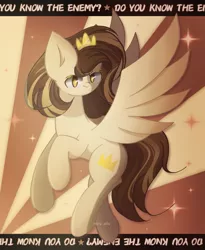 Size: 1800x2200 | Tagged: safe, artist:miryelis, derpibooru import, oc, oc:prince whateverer, pegasus, pony, crown, flying, image, jewelry, looking at you, png, poster, regalia, smiling, smiling at you, solo, song reference, text