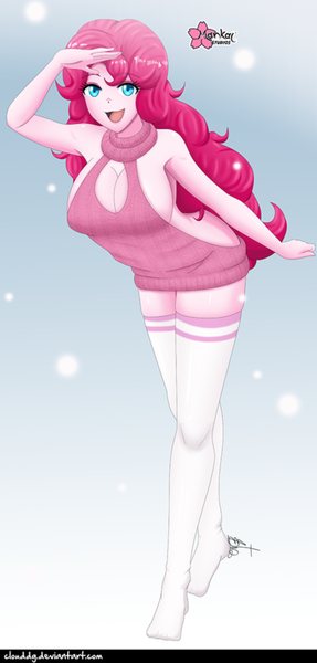 Size: 479x1000 | Tagged: suggestive, alternate version, artist:clouddg, derpibooru import, pinkie pie, equestria girls, backless, breasts, busty pinkie pie, cleavage, clothes, image, looking at you, open mouth, open-back sweater, png, sleeveless, sleeveless sweater, socks, solo, stockings, sweater, thigh highs, virgin killer sweater