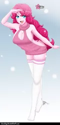 Size: 479x1000 | Tagged: suggestive, alternate version, artist:clouddg, derpibooru import, pinkie pie, equestria girls, backless, breasts, busty pinkie pie, cleavage, clothes, image, looking at you, open mouth, open-back sweater, png, sleeveless, sleeveless sweater, socks, solo, stockings, sweater, thigh highs, virgin killer sweater
