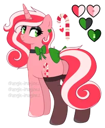 Size: 2524x3076 | Tagged: safe, artist:angie imagines, derpibooru import, oc, oc:peppy revvy, unofficial characters only, pony, unicorn, bags under eyes, bow, candy, candy cane, choker, clothes, ear piercing, earring, eyeshadow, female, food, heart, image, jewelry, makeup, multicolored hair, piercing, png, reference sheet, simple background, socks, solo, stockings, thigh highs, transparent background