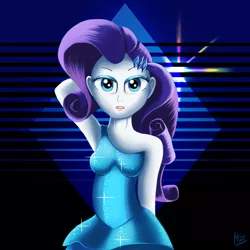 Size: 1280x1280 | Tagged: safe, artist:jphyperx, derpibooru import, rarity, human, equestria girls, bedroom eyes, clothes, dress, fall formal outfits, female, image, jpeg, lipstick, pose, retrowave, sexy, shiny, solo, sparkles, synthwave