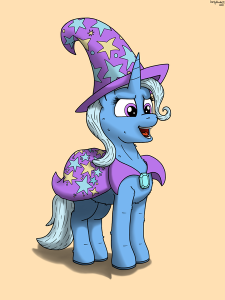 Size: 2235x2978 | Tagged: safe, artist:darkyboode32, derpibooru import, trixie, pony, unicorn, cape, clothes, female, hat, image, mare, open mouth, orange background, png, simple background, solo, trixie's cape, trixie's hat