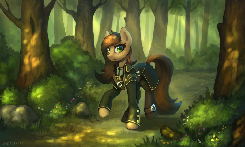 Size: 1600x960 | Tagged: safe, artist:asimos, derpibooru import, oc, unofficial characters only, earth pony, pony, clothes, commission, earth pony oc, female, forest, grass, green eyes, image, jpeg, mare, raised hoof, rock, scenery, solo, tree, walking