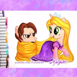 Size: 640x640 | Tagged: safe, artist:meiyu, artist:meiyuart, derpibooru import, ponified, pony, better source needed, clothes, dress, duo, flynn rider, frown, image, jewelry, jpeg, raised hoof, rapunzel, smiling, tangled (disney), tiara, traditional art, wrapped up