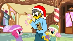 Size: 1440x805 | Tagged: safe, artist:haileykitty69, derpibooru import, fluttershy, pinkie pie, earth pony, human, pegasus, christmas, fluttermour, gingerbread (food), gingerbread man, gingerbread pony, hearth's warming, holiday, image, png, seymour skinner, the simpsons