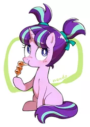 Size: 1246x1758 | Tagged: safe, artist:nendo, derpibooru import, starlight glimmer, pony, unicorn, dango, eating, female, filly, filly starlight glimmer, food, image, jpeg, pigtails, solo, younger