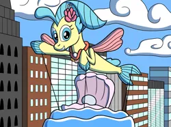 Size: 1280x953 | Tagged: safe, artist:sergeant16bit, derpibooru import, princess skystar, seapony (g4), my little pony: the movie, balloon, city, cityscape, clam, cloud, image, parade balloon, parade float, pearl, png, string, transformation