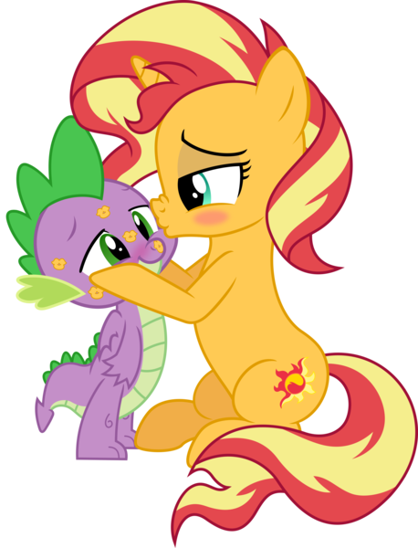 Size: 3738x4898 | Tagged: safe, artist:kingdark0001, derpibooru import, spike, sunset shimmer, dragon, blushing, cute, female, image, kissing, kiss mark, lipstick, lucky bastard, male, png, romantic, shipping, simple background, straight, sunsetspike, transparent background, winged spike, wings
