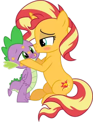 Size: 3738x4898 | Tagged: safe, artist:kingdark0001, derpibooru import, spike, sunset shimmer, dragon, blushing, cute, female, image, kissing, kiss mark, lipstick, lucky bastard, male, png, romantic, shipping, simple background, straight, sunsetspike, transparent background, winged spike, wings