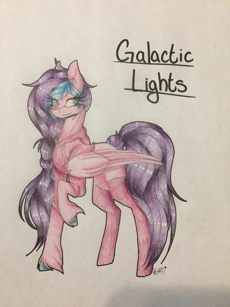 Size: 2121x2828 | Tagged: safe, artist:shadowfoxdrawings, derpibooru import, oc, oc:galactic lights, pegasus, braid, clothes, hoodie, image, jpeg, pegasus oc, solo, traditional art, wings