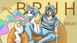 Size: 2560x1440 | Tagged: safe, artist:chopchopguy, derpibooru import, princess celestia, alicorn, human, pony, bruh, crossover, duo, human and pony, image, johnny joestar, jojo's bizarre adventure, png, steel ball run