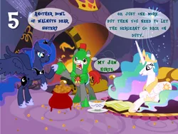 Size: 1280x960 | Tagged: safe, artist:bronybyexception, derpibooru import, princess celestia, princess luna, alicorn, earth pony, pony, abuse of power, advent calendar, book, bowl, christmas, dialogue, eating, female, fireplace, holiday, image, jpeg, mare, nutcracker, palette swap, recolor, royal guard, royal sisters, sack, siblings, sisters, walnut, wreath