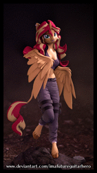 Size: 2160x3840 | Tagged: safe, artist:imafutureguitarhero, derpibooru import, sunset shimmer, alicorn, anthro, harpy, hybrid, monster pony, original species, unguligrade anthro, 3d, 4k resolution, alicornified, animated, barehoof, belly button, border, cargo pants, clothes, cloven hooves, colored eyebrows, colored eyelashes, dirt, ear piercing, earring, female, floppy ears, high res, hooves, horn, image, jewelry, leg wraps, leonine tail, long hair, long mane, loop, multicolored hair, multicolored mane, multicolored tail, no sound, nose wrinkle, one leg raised, pants, perfect loop, piercing, race swap, revamped anthros, revamped ponies, rock, smiling, source filmmaker, tail, tanktop, text, turnaround, unshorn fetlocks, vertical, wall of tags, watermark, webm, wing arms, wings