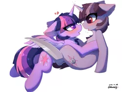Size: 4000x3000 | Tagged: safe, artist:morealy, derpibooru import, twilight sparkle, twilight sparkle (alicorn), alicorn, pony, unicorn, amputee, blushing, chest fluff, colored pupils, cutiemarking, drool, drool string, ear fluff, eye clipping through hair, eye contact, eyebrows, eyebrows visible through hair, female, floppy ears, heart eyes, horn, horns are touching, image, knife, lesbian, lidded eyes, looking at each other, mare, open mouth, png, scissor twilight, self paradox, self ponidox, selfcest, shipping, simple background, smiling, spread wings, tongue out, white background, wingding eyes, wings
