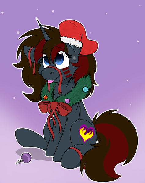 Size: 1744x2208 | Tagged: safe, artist:rokosmith26, derpibooru import, oc, oc:charcoal rose, unofficial characters only, pony, unicorn, bow, cheek fluff, chest fluff, christmas, christmas stocking, christmas wreath, commission, female, floppy ears, gradient background, holiday, horn, image, looking up, mare, markings, one ear down, png, raised hoof, ribbon, simple background, sitting, smiling, solo, sweat, sweatdrop, tail, tongue out, unicorn horn, unicorn oc, wreath, ych result