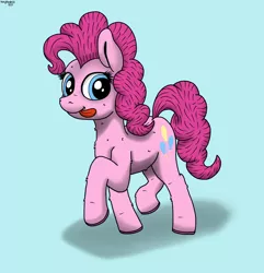 Size: 2048x2122 | Tagged: safe, artist:darkyboode32, derpibooru import, pinkie pie, earth pony, pony, blue background, cute, diapinkes, female, image, looking back, mare, png, prancing, simple background, solo, tongue out, walking