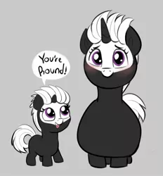 Size: 1803x1941 | Tagged: safe, artist:heretichesh, derpibooru import, oc, oc:s.leech, unofficial characters only, pony, unicorn, blushing, cute, duo, fat, female, filly, gray background, image, jpeg, looking at you, mare, ocbetes, self paradox, simple background, smiling, smiling at you
