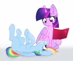 Size: 1980x1656 | Tagged: safe, artist:littleblackraencloud, derpibooru import, rainbow dash, twilight sparkle, twilight sparkle (alicorn), alicorn, pegasus, pony, book, duo, image, jpeg, looking at each other, looking at someone, lying down, on back, smiling