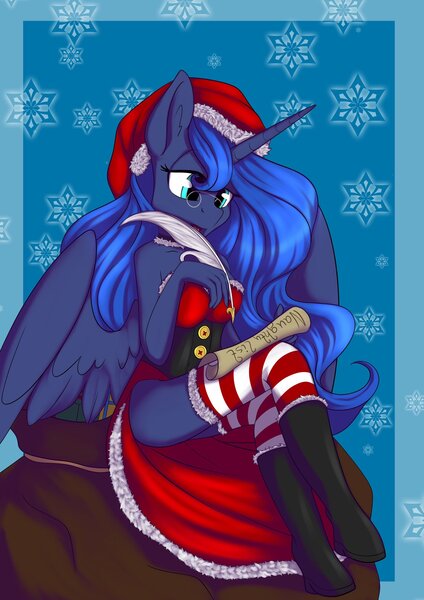 Size: 1448x2048 | Tagged: safe, artist:melodis, derpibooru import, princess luna, alicorn, anthro, christmas, christmas stocking, clothes, female, holiday, image, jpeg, simple background, socks