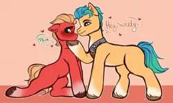 Size: 2439x1463 | Tagged: safe, artist:polyushko, derpibooru import, hitch trailblazer, sprout cloverleaf, earth pony, pony, blushing, dialogue, duo, duo male, g5, gay, heart, hitchsprout, image, jpeg, male, males only, shipping, stallion