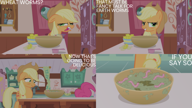 Size: 1280x720 | Tagged: safe, derpibooru import, edit, edited screencap, editor:quoterific, screencap, applejack, pinkie pie, earth pony, pony, worm, applebuck season, season 1, applejack's hat, cowboy hat, faic, female, floppy ears, food, grin, hat, image, lemon, mare, offscreen character, png, smiling, solo focus, sugarcube corner