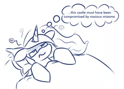 Size: 1281x921 | Tagged: safe, artist:moonatik, derpibooru import, princess luna, alicorn, pony, bed, female, fever, image, mare, pillow, png, sick, sketch, solo, thought bubble