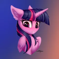 Size: 3000x3000 | Tagged: safe, artist:setharu, derpibooru import, twilight sparkle, twilight sparkle (alicorn), alicorn, pony, bust, chest fluff, cute, ear fluff, eye reflection, female, floppy ears, image, looking down, mare, png, portrait, reflection, signature, simple background, smiling, solo, twiabetes