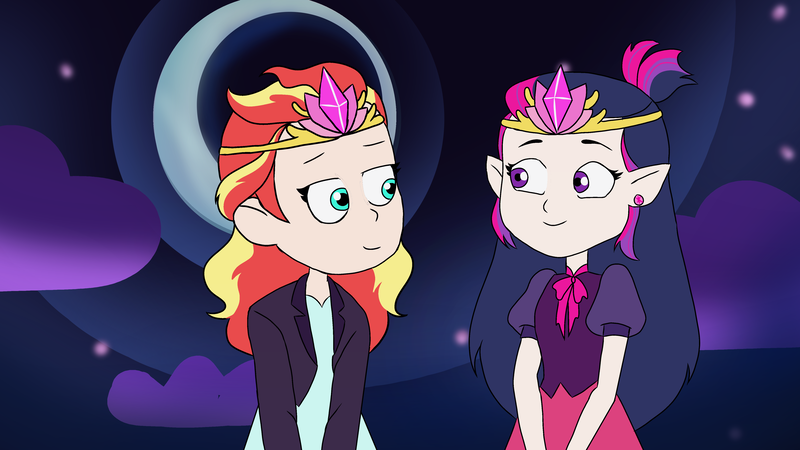Size: 4800x2700 | Tagged: safe, artist:ginmay, derpibooru import, sunset shimmer, twilight sparkle, human, amity blight, clothes, crossover, crown, duo, elf ears, female, humanized, image, jewelry, lesbian, luz noceda, night, png, regalia, shipping, sunsetsparkle, the owl house