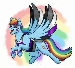 Size: 2568x2334 | Tagged: safe, artist:bellbell123, derpibooru import, rainbow dash, pegasus, pony, asexual, asexual pride flag, clothes, face paint, female, flying, image, jpeg, pride, pride flag, rainbow background, spread wings, tanktop, wings