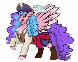 Size: 2543x2048 | Tagged: safe, artist:bellbell123, derpibooru import, oc, oc:bella pinksavage, unofficial characters only, pegasus, pony, clothes, female, image, jpeg, open mouth, pegasus oc, pirate, raised hoof, simple background, solo, spread wings, white background, wings