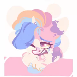 Size: 1500x1500 | Tagged: safe, artist:kingdom, artist:tsarstvo, derpibooru import, oc, unofficial characters only, pony, unicorn, abstract background, bust, crying, female, image, jpeg, mare, multicolored mane, one eye closed, open mouth, pink coat, sad, solo