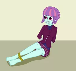 Size: 1510x1406 | Tagged: suggestive, artist:splendidbondage, derpibooru import, part of a set, sunny flare, equestria girls, ankle tied, barefoot, bondage, bound and gagged, clothes, crystal prep academy uniform, feet, female, gag, image, png, rope, school uniform, solo, solo female, tape, tape gag