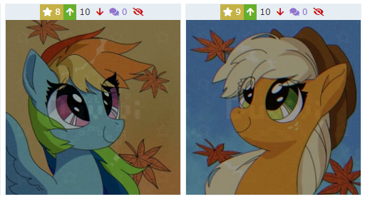 Size: 512x279 | Tagged: safe, artist:duvivi, derpibooru import, applejack, rainbow dash, earth pony, pegasus, pony, derpibooru, twibooru, applejack's hat, autumn, cowboy hat, female, hat, image, juxtaposition, leaves, looking at each other, looking at someone, mare, meta, png, smiling, spread wings, stetson, wings