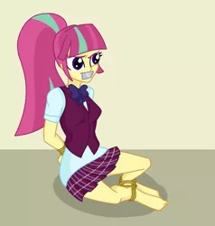 Size: 1021x1072 | Tagged: suggestive, artist:splendidbondage, derpibooru import, part of a set, sour sweet, equestria girls, ankle tied, arm behind back, barefoot, bondage, bound and gagged, clothes, crystal prep academy uniform, feet, female, gag, image, png, rope, rope bondage, school uniform, solo, solo female, tape, tape gag