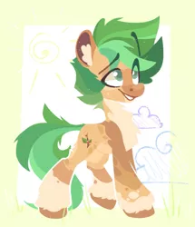 Size: 1373x1600 | Tagged: safe, artist:kingdom, artist:tsarstvo, derpibooru import, oc, unofficial characters only, earth pony, pony, brown coat, chest fluff, ear fluff, green mane, green tail, image, jpeg, lineless, male, simple background, smiling, solo, stallion, tail