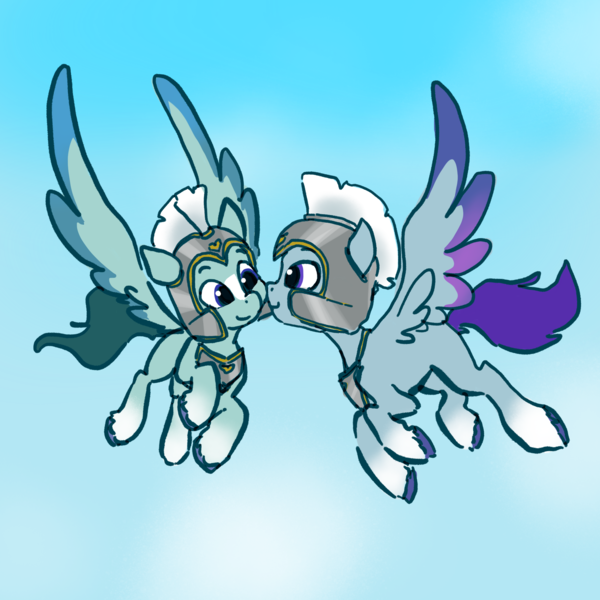 Size: 2048x2048 | Tagged: safe, artist:pfeffaroo, derpibooru import, pegasus, pony, duo, flying, g5, image, png, thunder (g5), zoom zephyrwing