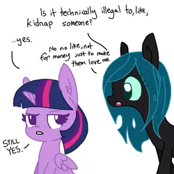 Size: 1024x1024 | Tagged: safe, artist:tjpones, color edit, colorist:nightshadowmlp, derpibooru import, edit, queen chrysalis, twilight sparkle, twilight sparkle (alicorn), alicorn, changeling, changeling queen, pony, colored, cute, cutealis, dialogue, duo, duo female, female, image, mare, missing horn, png