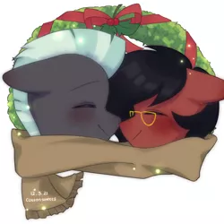 Size: 2000x2000 | Tagged: safe, artist:cottonsweets, derpibooru import, thunderlane, oc, oc:benjamin terrance tover, christmas, christmas wreath, clothes, cute, holiday, image, nuzzling, png, scarf, wreath