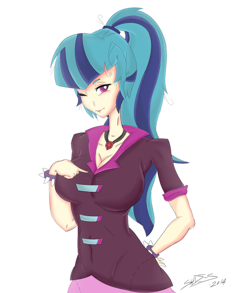 Size: 1260x1500 | Tagged: suggestive, artist:shadesofeverfree, derpibooru import, sonata dusk, equestria girls, 2014, breasts, busty sonata dusk, cleavage, disguise, disguised siren, image, one eye closed, png, solo